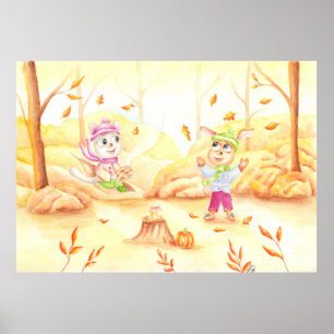 Zoete herfstwandeling in het bos poster