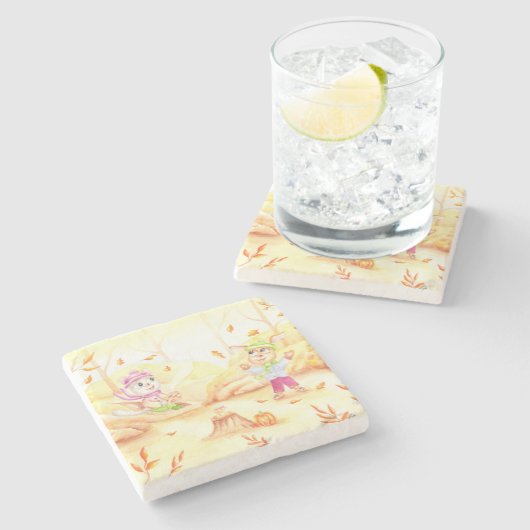 Zoete herfstwandeling in het bos stenen onderzetter (Zijkant)