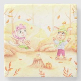 Zoete herfstwandeling in het bos stenen onderzetter