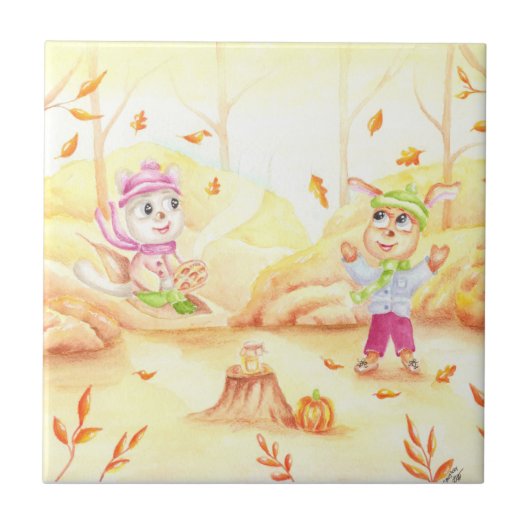 Zoete herfstwandeling in het bos tegeltje (Voorkant)