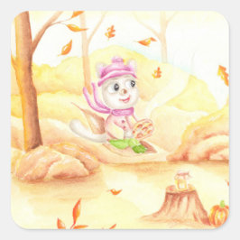 Zoete herfstwandeling in het bos vierkante sticker