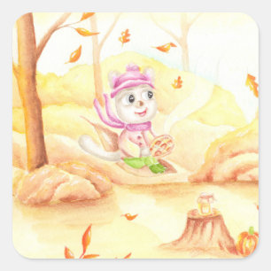 Zoete herfstwandeling in het bos vierkante sticker