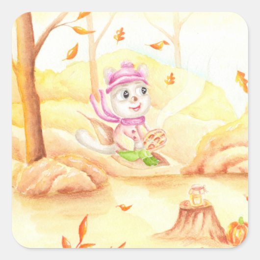 Zoete herfstwandeling in het bos vierkante sticker (Voorkant)