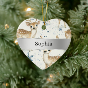 Zoete herten sneeuwvlokken zilveren lint kerst keramisch ornament