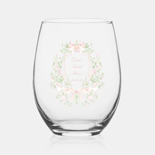 Zoete Kam met Roze Strikken | Monogram Bruidsdouch Wijnglas Zonder Voet (Voorkant)