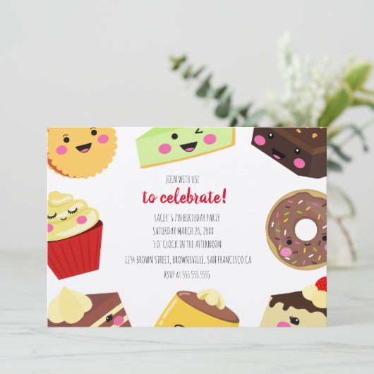 Zoete Kawaii Desserts uitnodiging voor kinderen (Staand voorkant)