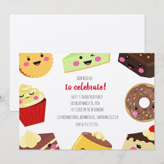 Zoete Kawaii Desserts uitnodiging voor kinderen (Voorkant / Achterkant)