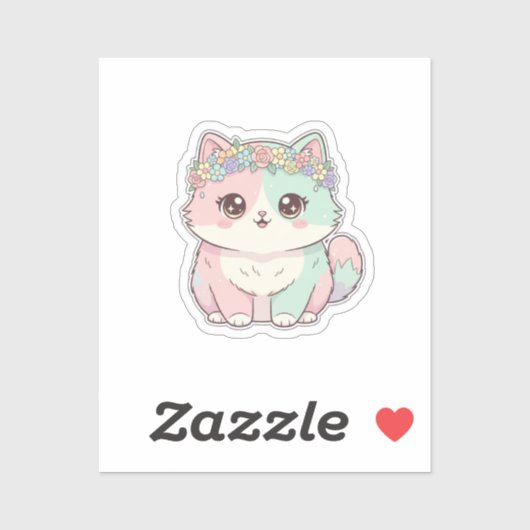 Zoete Kawaii Kat met Bloemenkrans Sticker (Vel)