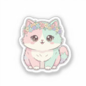 Zoete Kawaii Kat met Bloemenkrans Sticker (Voorkant)