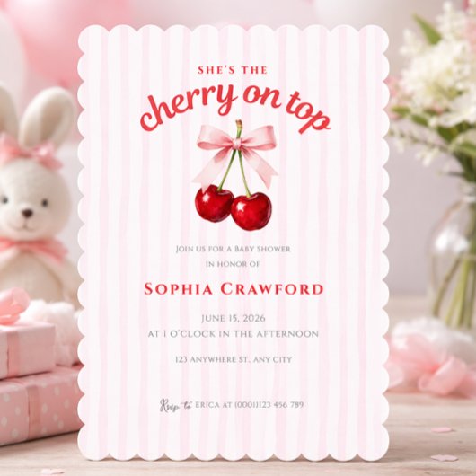Zoete Kers Op Roze Strik Baby Shower Kaart