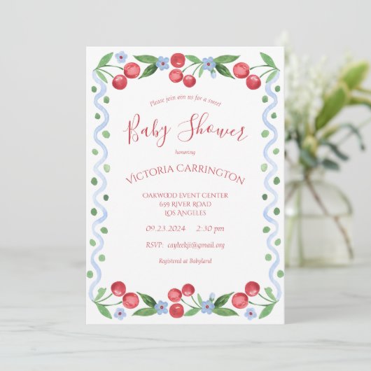Zoete Kers Rode Baby Shower Kaart (Staand voorkant)