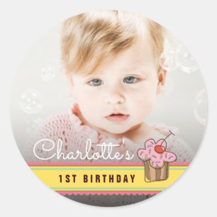 Zoete kers roze cupcake verjaardagsfoto sticker