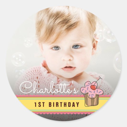 Zoete kers roze cupcake verjaardagsfoto sticker (Voorkant)