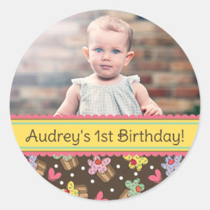 Zoete Kersencupcakes Meisje Verjaardag Foto Sticke Ronde Sticker