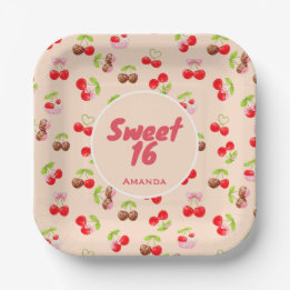 Zoete Kersendessert Verjaardags Patroon Cute Feest Papieren Bordje