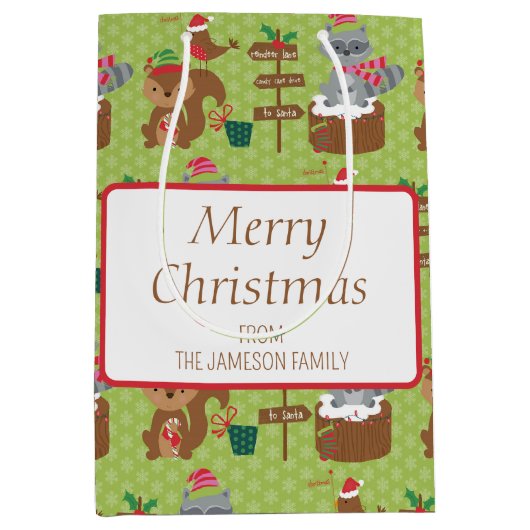 Zoete Kerstwasbeer en Eekhoorn & Sneeuwvlokken Medium Cadeauzakje (Voorkant)