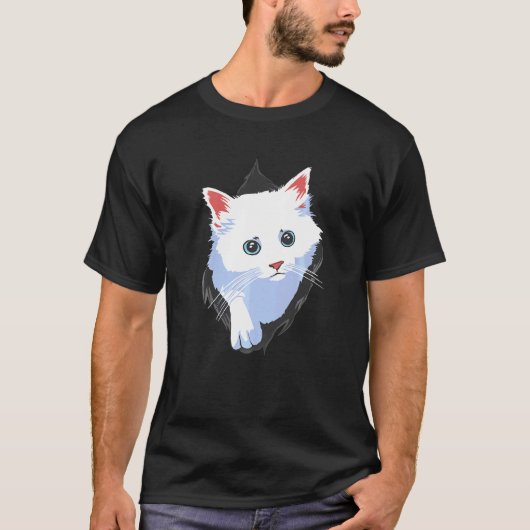 Zoete Kitten Gescheurde Stof Kleding Wit Cute Kat T-shirt (Voorkant)