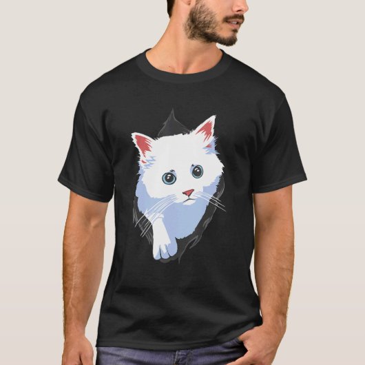 Zoete Kitten Gescheurde Stof Kleding Wit Cute Kat T-shirt (Voorkant)