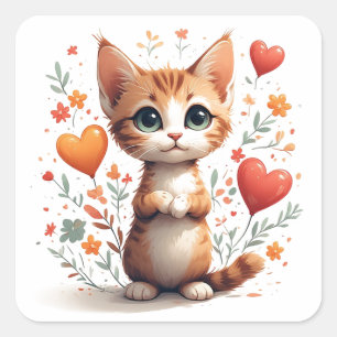 Zoete Kitten Met Bloemhartjes En Glimlach 🐾 Vierkante Sticker