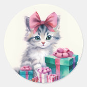 Zoete Kitty Kat Grote Roze Boog Ronde Sticker (Voorkant)