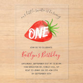 Zoete kleine aardbei 1e verjaardag acryl uitnodigingen (Voorkant)