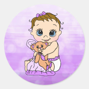 Zoete kleine Baby met Teddy Bear Paars Baby Girl Ronde Sticker