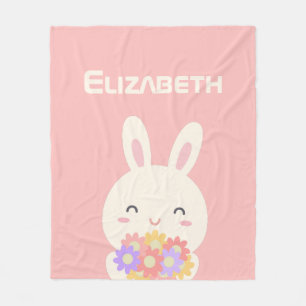 Zoete kleine bunny & bloemen Aangepaste naam Roze Fleece Deken
