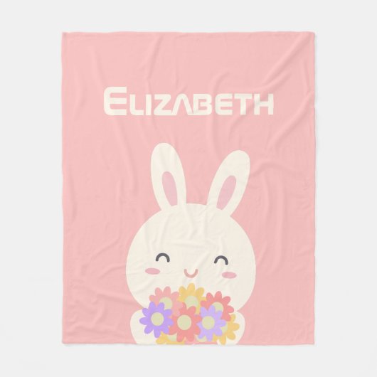Zoete kleine bunny & bloemen Aangepaste naam Roze Fleece Deken (Voorkant)