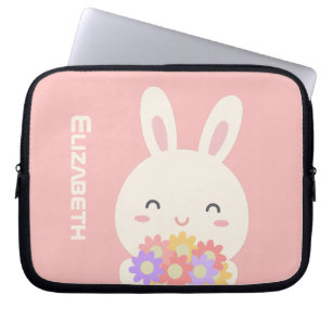Zoete kleine bunny & bloemen Aangepaste naam Roze Laptop Sleeve