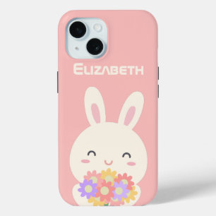 Zoete kleine bunny en bloemen Aangepaste naam Roze iPhone 15 Case