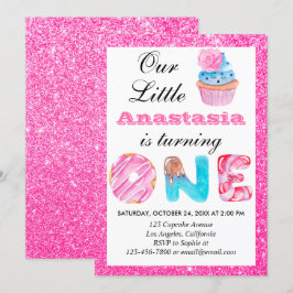 Zoete Kleine Cupcake Roze Glitters 1e Verjaardag E Kaart