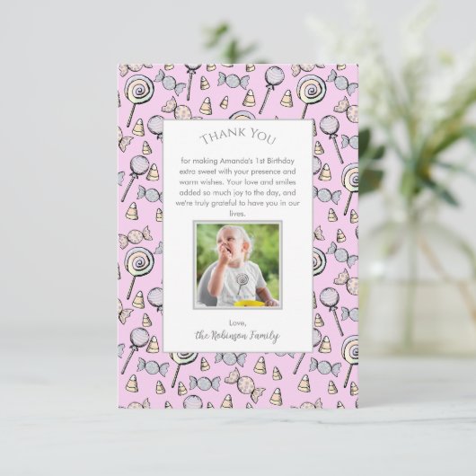 Zoete Kleine Eén Candy Thema 1e Verjaardag Bedankkaart (Staand voorkant)