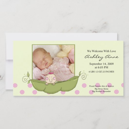 Zoete Kleine Erwt Baby Meisje Geboorte Aankondigin Aankondiging (Voorkant)