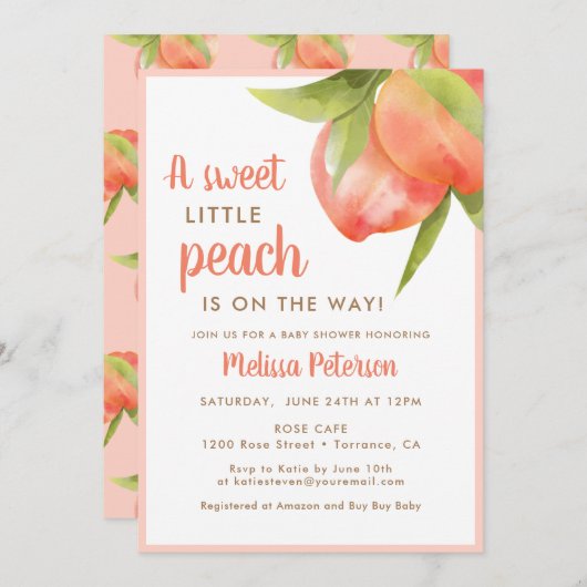 Zoete Kleine Perzik Is Op Weg Baby Shower Kaart (Voorkant / Achterkant)