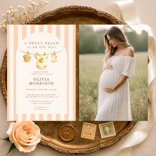 Zoete Kleine Perzik Strepen Foto Baby Shower Kaart