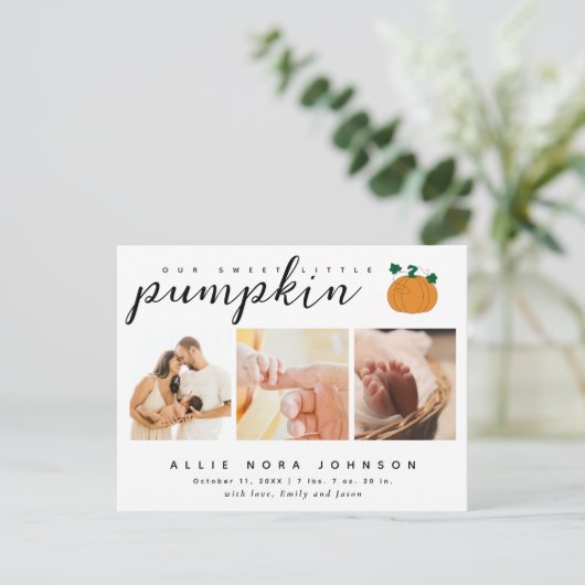 Zoete Kleine Pompoen Foto Herfst Baby Aankondiging Briefkaart (Staand voorkant)