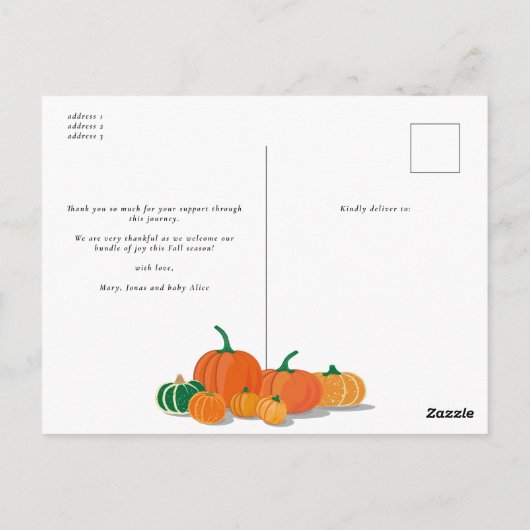 Zoete Kleine Pompoen Foto Herfst Baby Aankondiging Briefkaart (Achterkant)