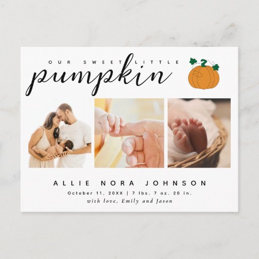 Zoete Kleine Pompoen Foto Herfst Baby Aankondiging Briefkaart (Voorkant)