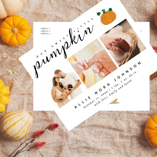 Zoete Kleine Pompoen Foto Herfst Baby Aankondiging Briefkaart