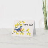 Zoete kleine rode blauwe vogel op tak bloemen bedankkaart (Voorkant)