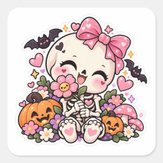 Zoete Kleine Skelet Roze Bloem Halloween Vierkante Sticker