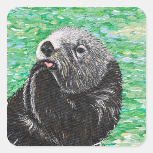 Zoete Kleine Zeeotter Schilderij Vierkante Sticker (Voorkant)