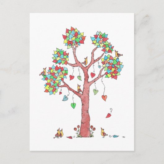 Zoete kleurrijke hartbladeren en vogelontwerp briefkaart (Voorkant)