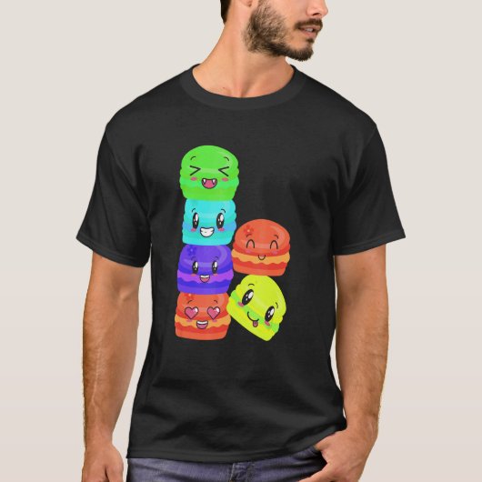 Zoete kleurrijke macarons Happy Foods opgestapeld  T-shirt (Voorkant)