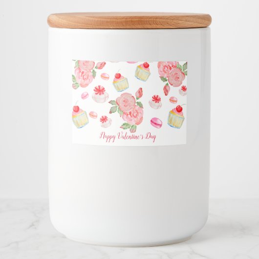 Zoete koekjes en rozen in de waterverf voedselcontainer etiket (Voorkant)