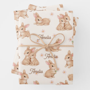 Zoete Konijn Roze Bloem Motief Naam Inpakpapier Vel