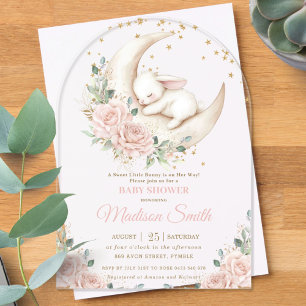 Zoete Konijn Roze Blush Bloemige Baby Shower Boog Acryl Uitnodigingen