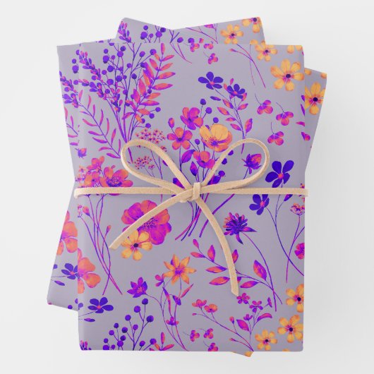 Zoete Krachtige Neon Roze & Paarse Waterverf Bloem Inpakpapier Vel (In situ)