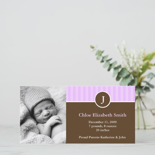 Zoete lavendel strepen baby geboorteaankondigingen aankondiging (Staand voorkant)