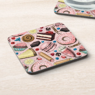 Zoete lekkernijen op roze bier onderzetter